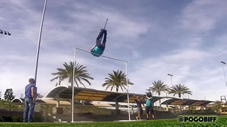 Lake Forrest, CA, USA -- While hanging out with the Vurtego crew in Southern California, Biff Hutchison broke the previous Highest Frontflip world record (9' 2") with a 9' 6″ flip, then immediately followed that up by breaking his own new record with an epic 10′ frontflip, thus setting the new world record for the Highest front flip on a pogo stick, according to the World Record Academy.