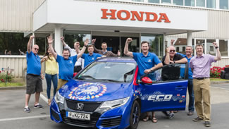  Honda has set a new world record title for 'Lowest fuel consumption – all 24 contiguous EU countries (all cars)', recording an average 2.82 litres per 100km (100.31mpg) over 13,498km (8,387 miles), in a 25 day drive across all 24 EU contiguous countries. The car achieved an incredible average 1500km (932 miles) on each tank of fuel, at a total fuel cost for the whole journey of just 645 Euros* (£459). 